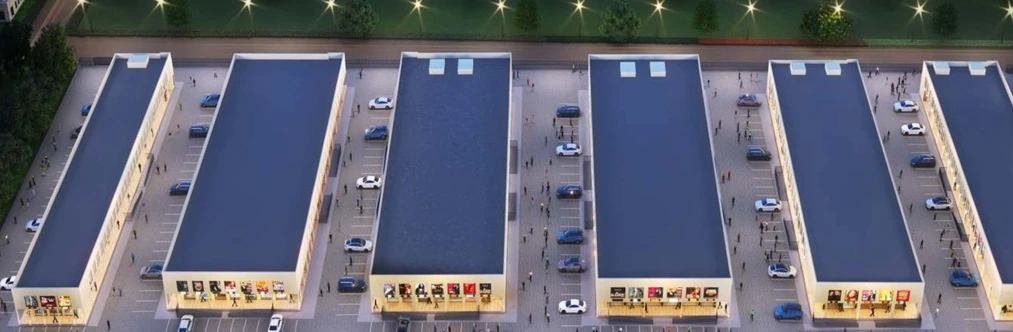 Aerial view of the six shop blocks and surface parking at Mohali City Centre Walk