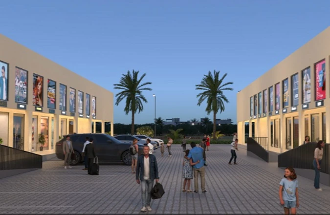 Courtyard between double-height shop blocks at Mohali City Centre Walk, Aerocity Mohali