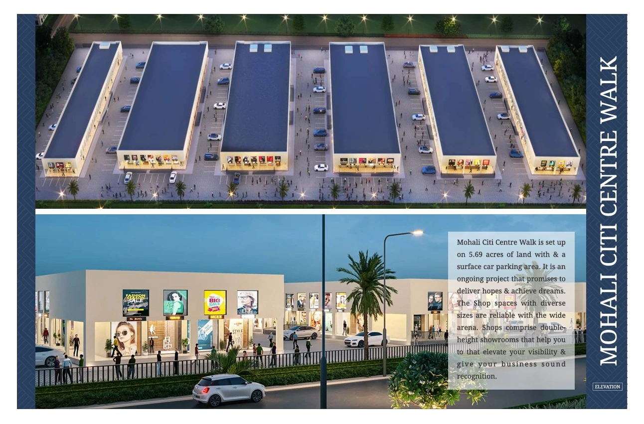Mohali City Centre Walk brochure page with aerial and street elevations
