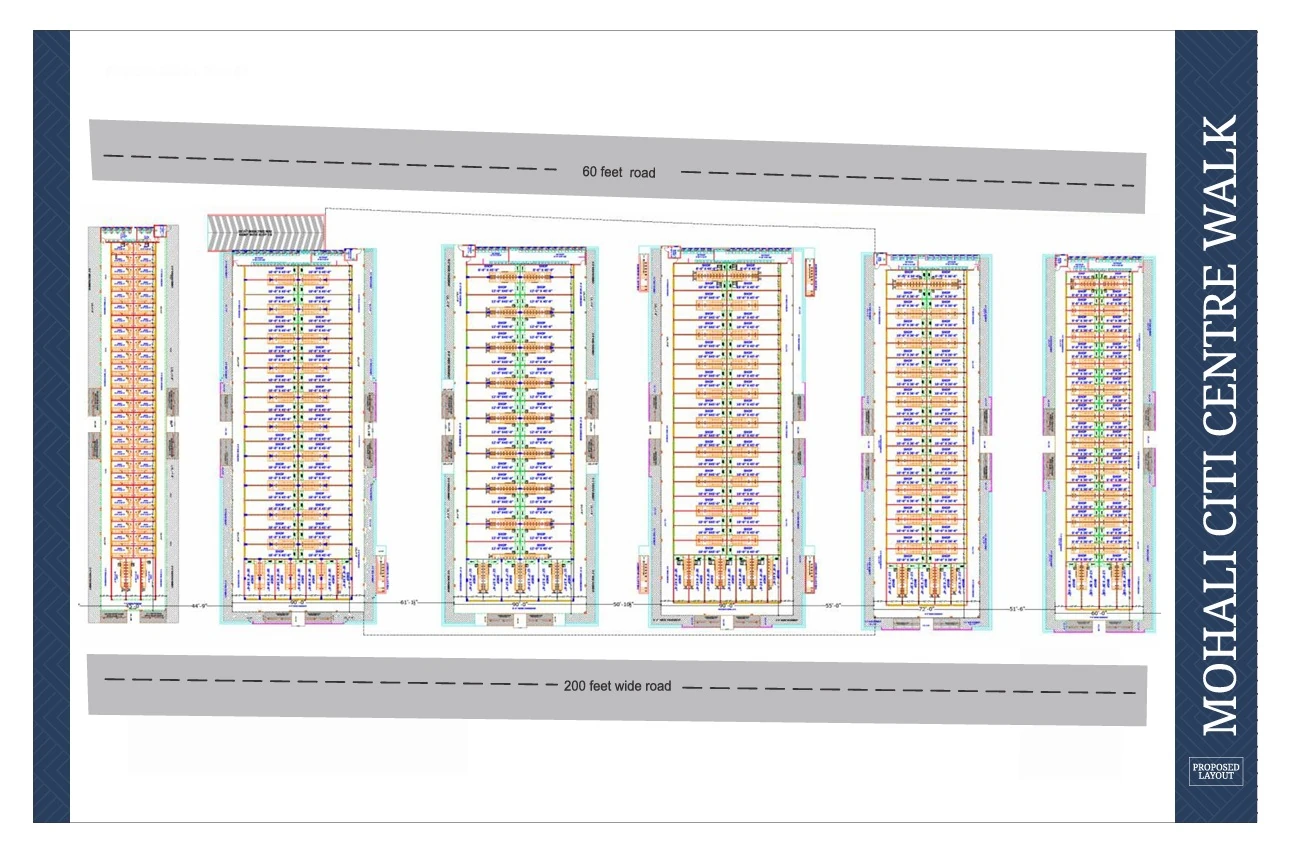 Master plan of Mohali City Centre Walk showing six shop blocks between the 200 ft and 60 ft roads