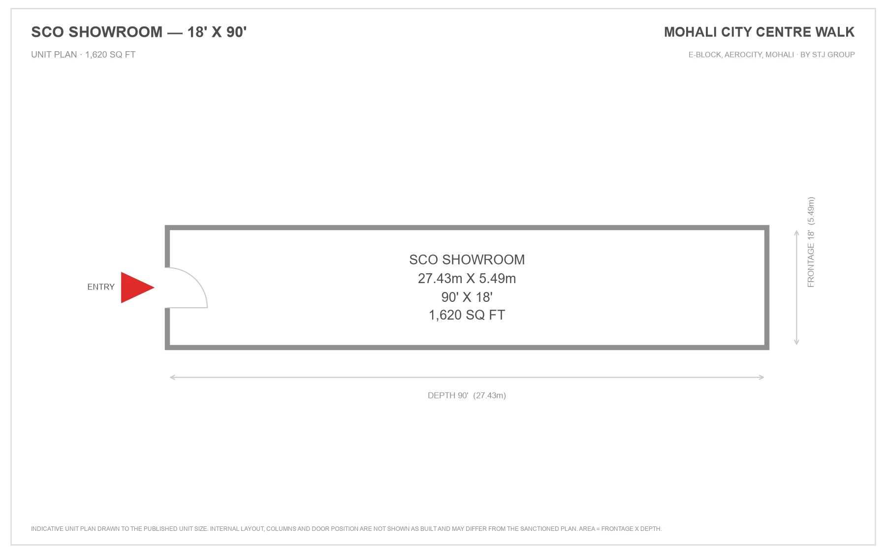 Mohali City Centre Walk SCO showroom unit plan, 18 ft frontage by 90 ft depth, 1,620 sq ft