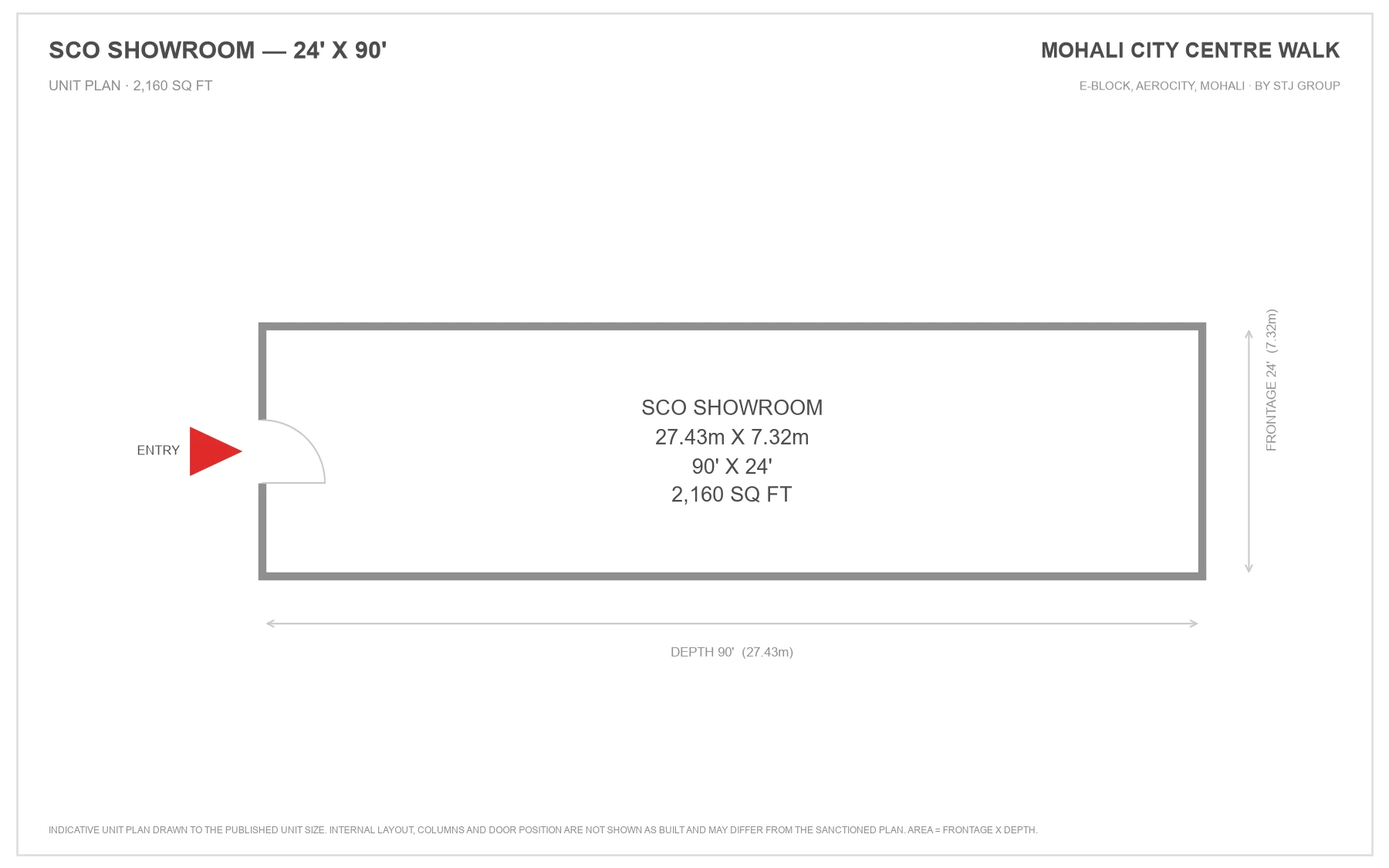 Mohali City Centre Walk SCO showroom unit plan, 24 ft frontage by 90 ft depth, 2,160 sq ft