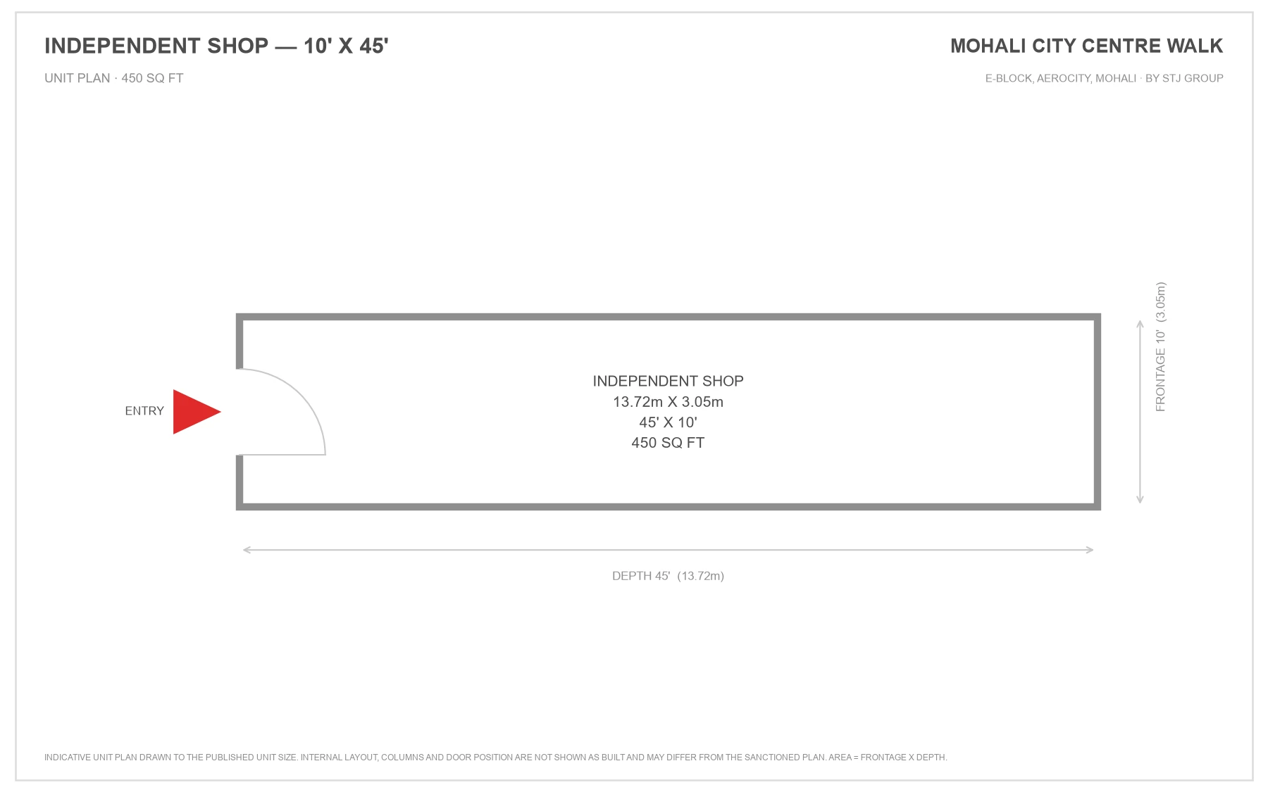 Mohali City Centre Walk independent shop unit plan, 10 ft frontage by 45 ft depth, 450 sq ft
