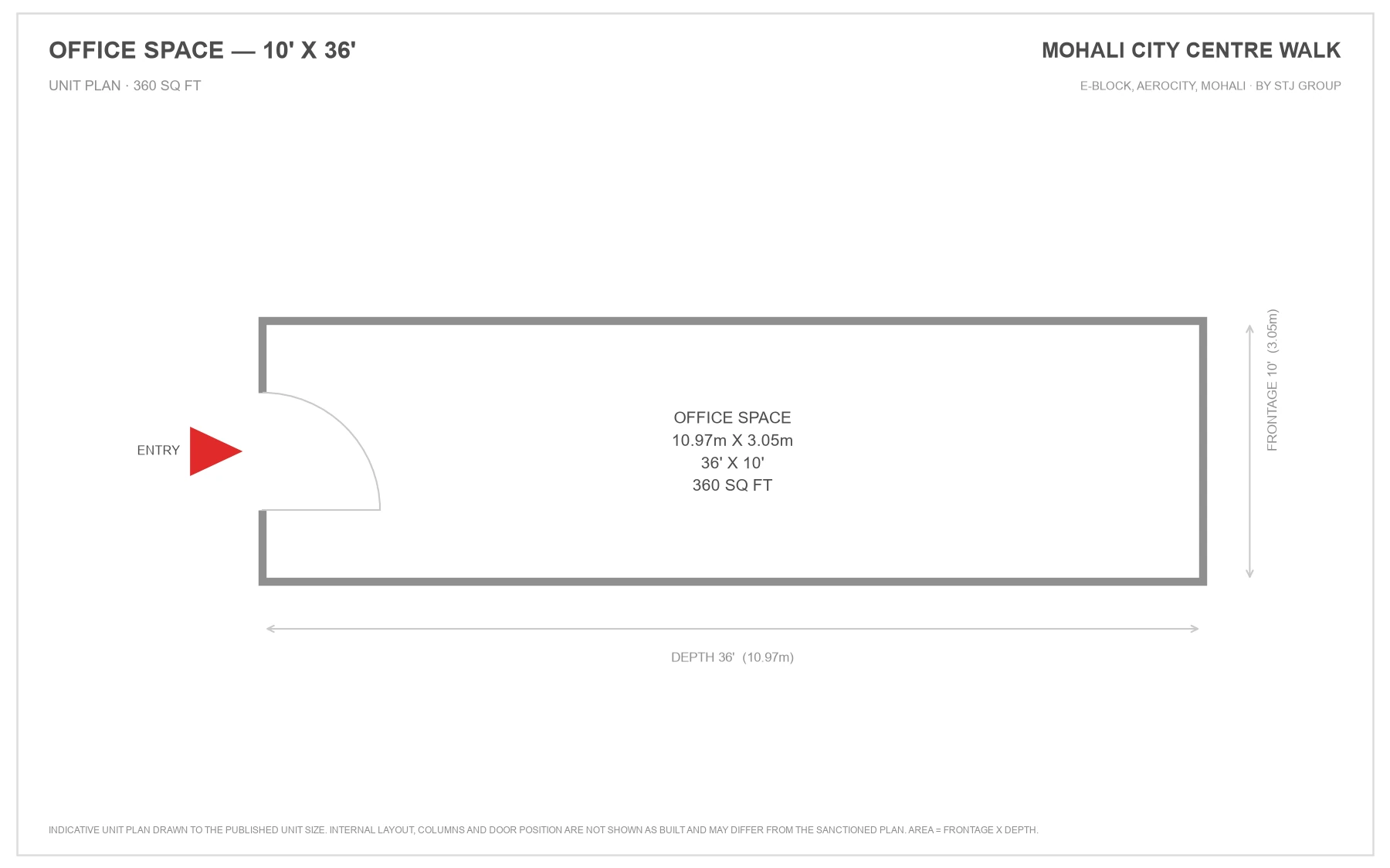 Mohali City Centre Walk office space unit plan, 10 ft frontage by 36 ft depth, 360 sq ft