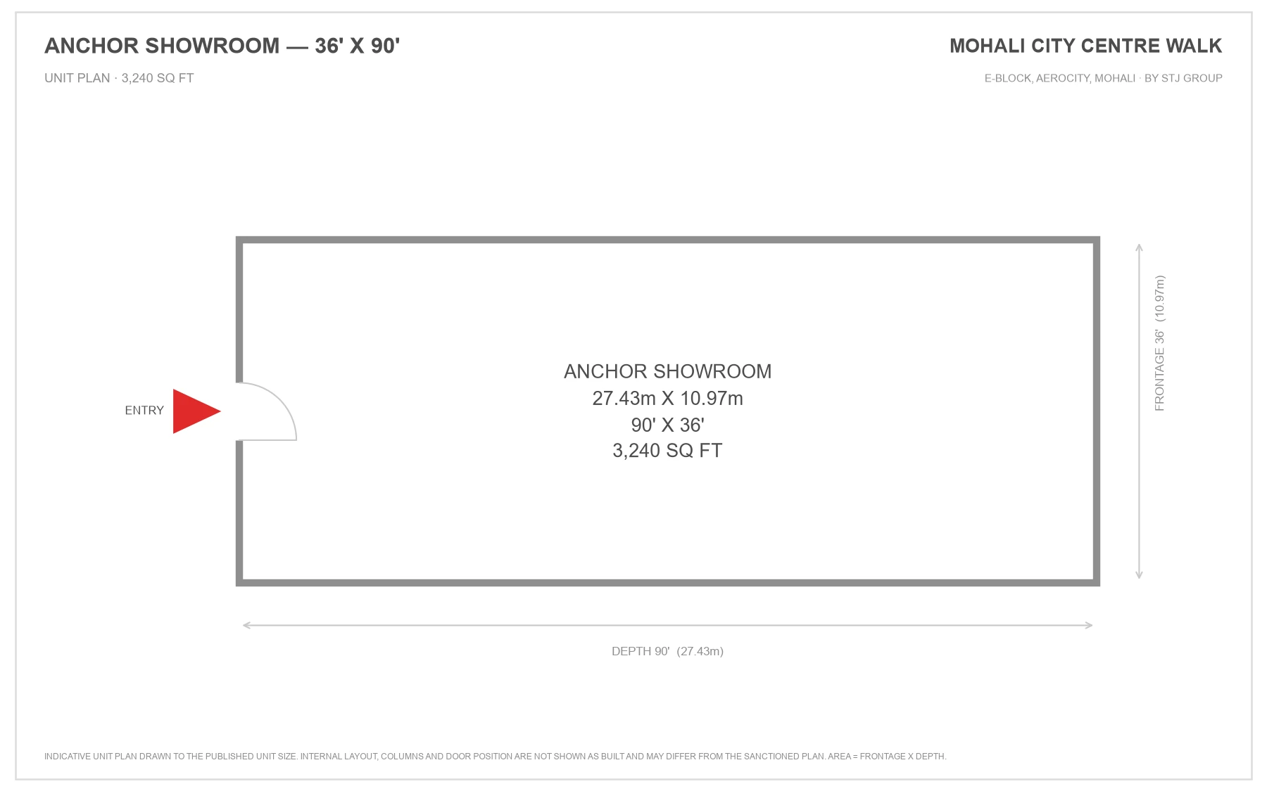Mohali City Centre Walk anchor showroom unit plan, 36 ft frontage by 90 ft depth, 3,240 sq ft