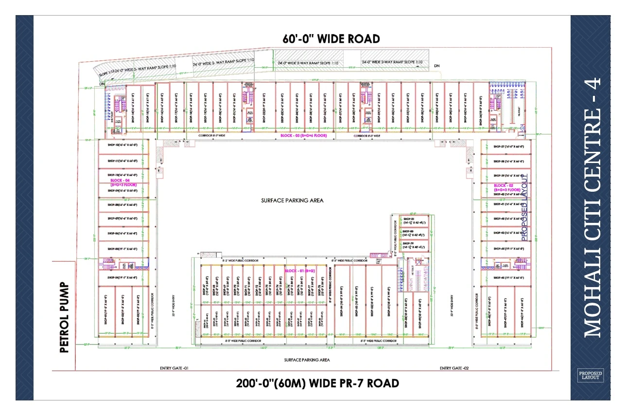 Mohali City Centre 4 – Master Plan Master plan of Mohali City Centre 4 showing SCO blocks around a surface parking area on the 200 ft PR-7 road
