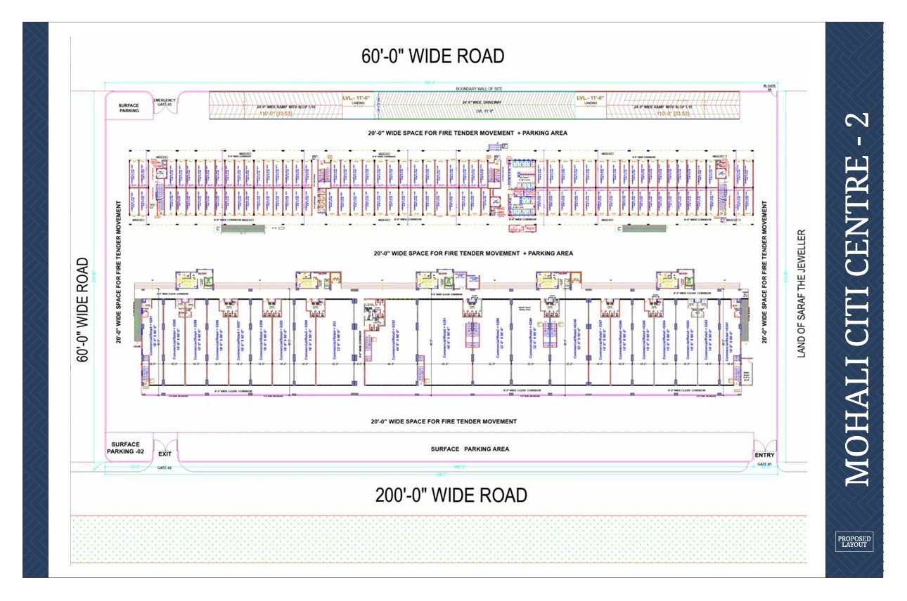 Master plan of Mohali City Centre 2 between the 200 ft and 60 ft wide roads with surface parking