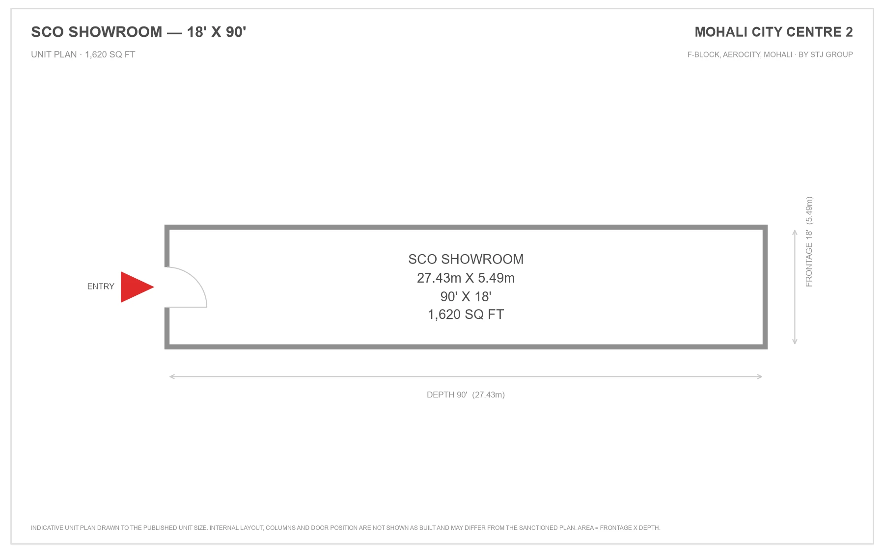 Mohali City Centre 2 SCO showroom unit plan, 18 ft frontage by 90 ft depth, 1,620 sq ft