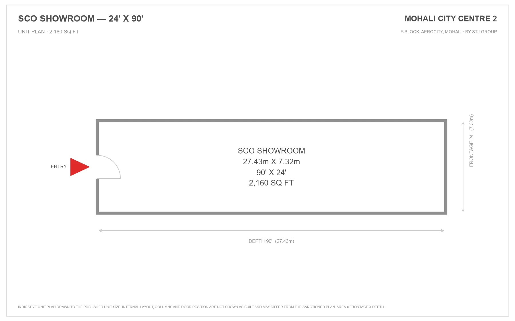 Mohali City Centre 2 SCO showroom unit plan, 24 ft frontage by 90 ft depth, 2,160 sq ft