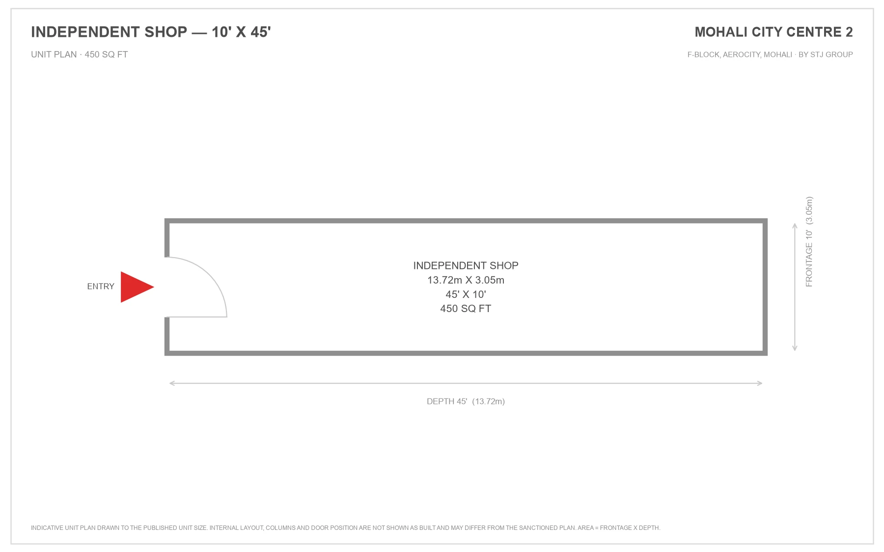Mohali City Centre 2 independent shop unit plan, 10 ft frontage by 45 ft depth, 450 sq ft