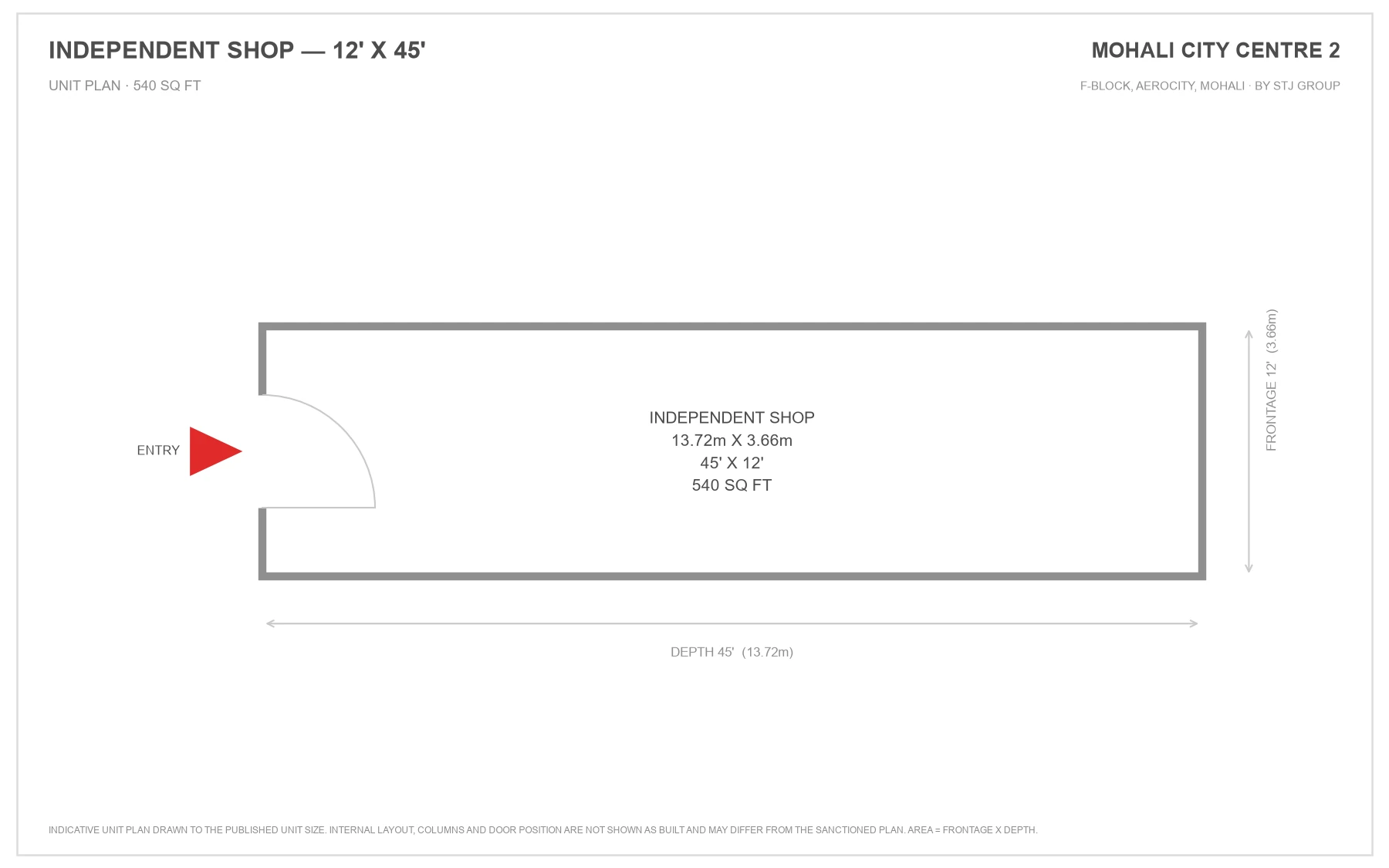 Mohali City Centre 2 independent shop unit plan, 12 ft frontage by 45 ft depth, 540 sq ft