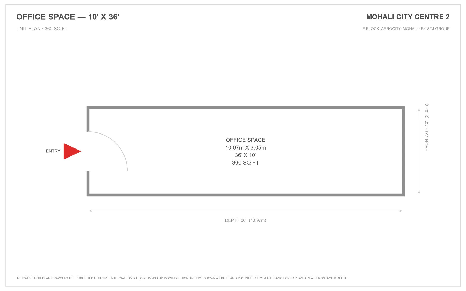 Mohali City Centre 2 office space unit plan, 10 ft frontage by 36 ft depth, 360 sq ft