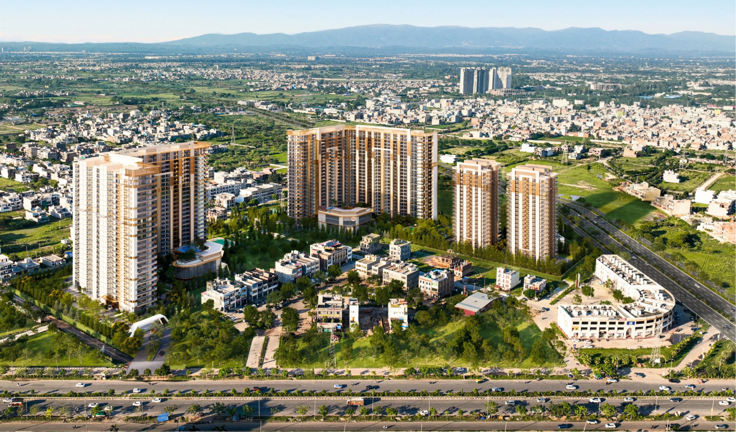 Highland Mayfields – Aerial View Aerial view of the Highland Mayfields high-rise towers on PR-7 Airport Road, Sector 118, Mohali