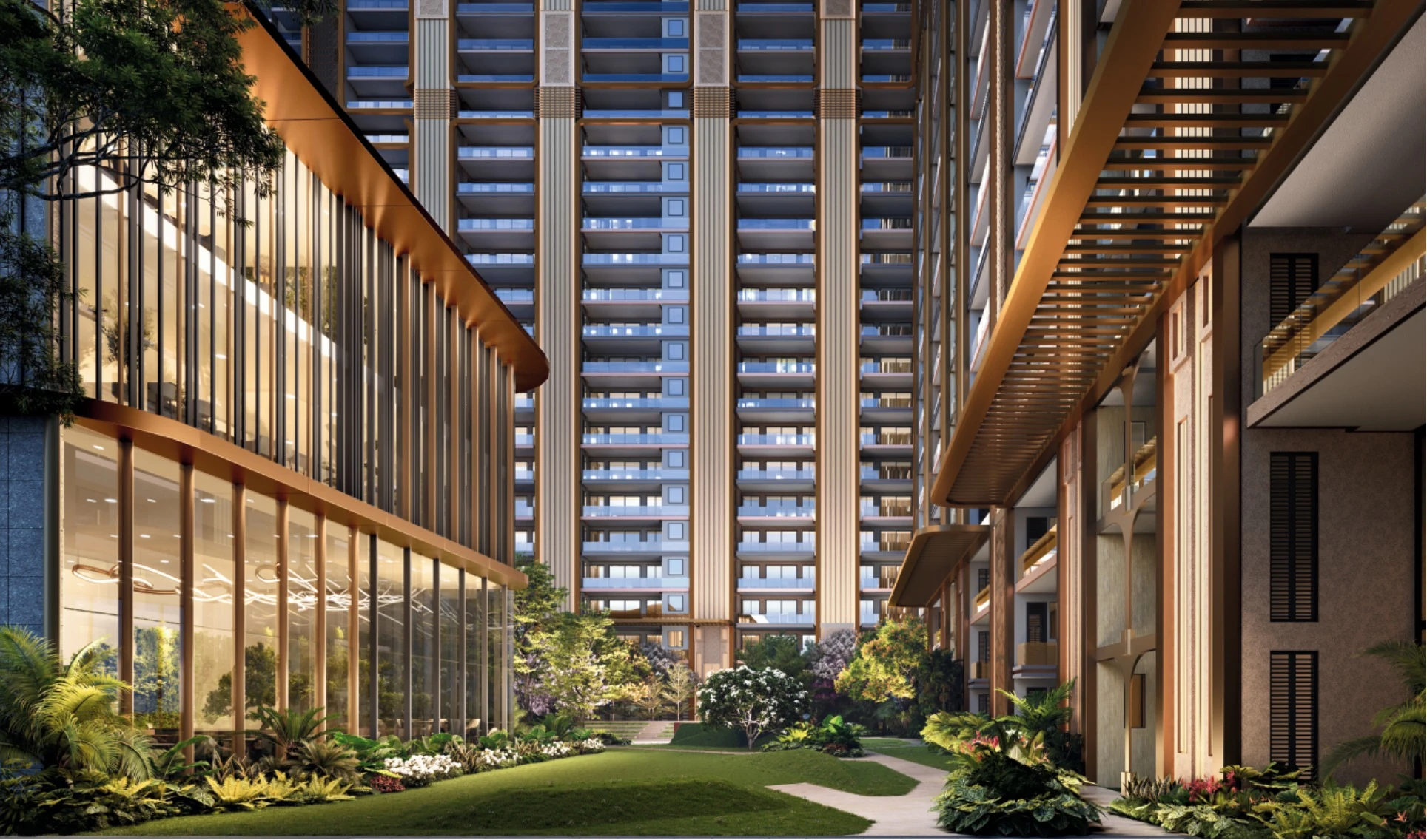 Landscaped courtyard between the residential towers at Highland Mayfields, Sector 118, Mohali