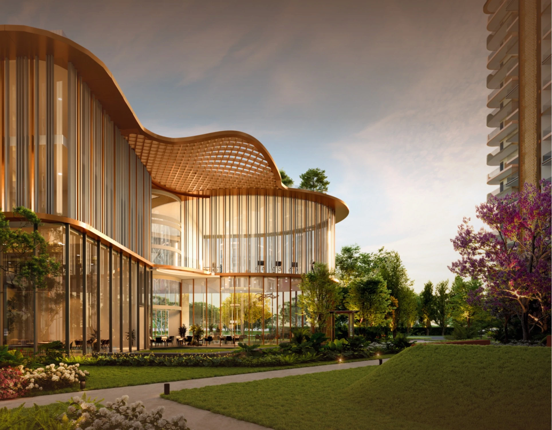 Clubhouse with landscaped lawn at Highland Mayfields, Sector 118, Mohali