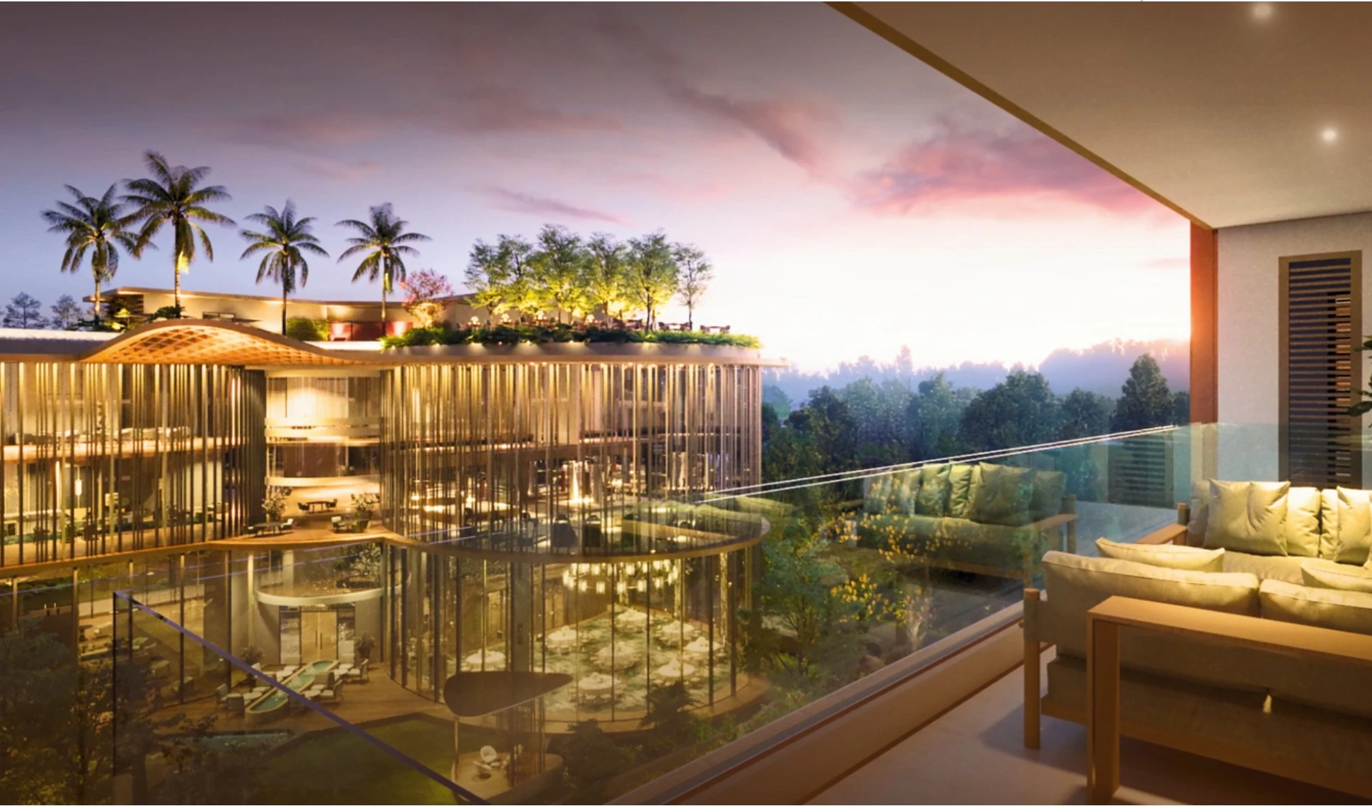 Evening view of the clubhouse from an apartment balcony at Highland Mayfields, Mohali