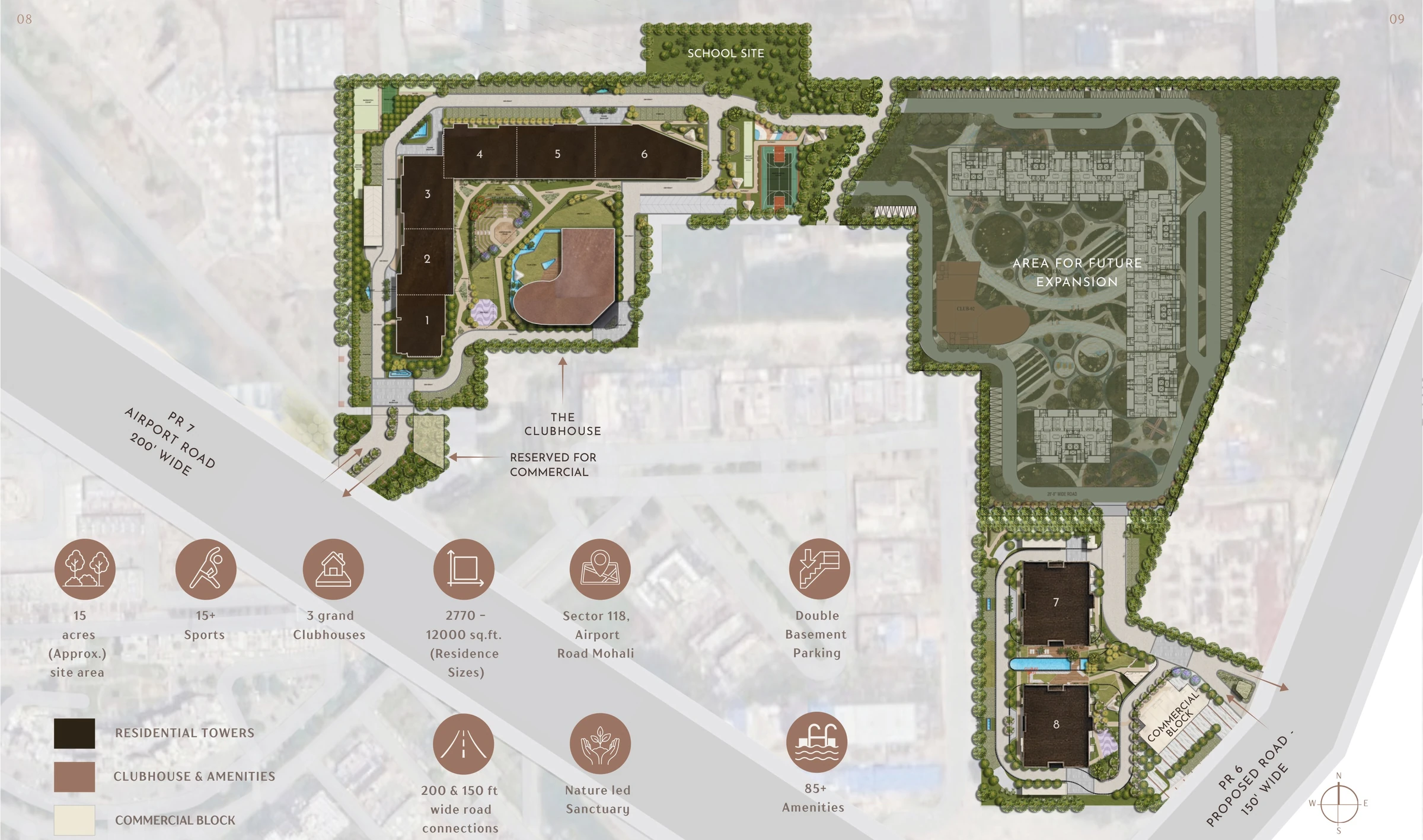 Highland Mayfields – Master Plan Master plan of Highland Mayfields showing towers 1 to 8, the clubhouse and entries from PR-7 and PR-6, Sector 118, Mohali
