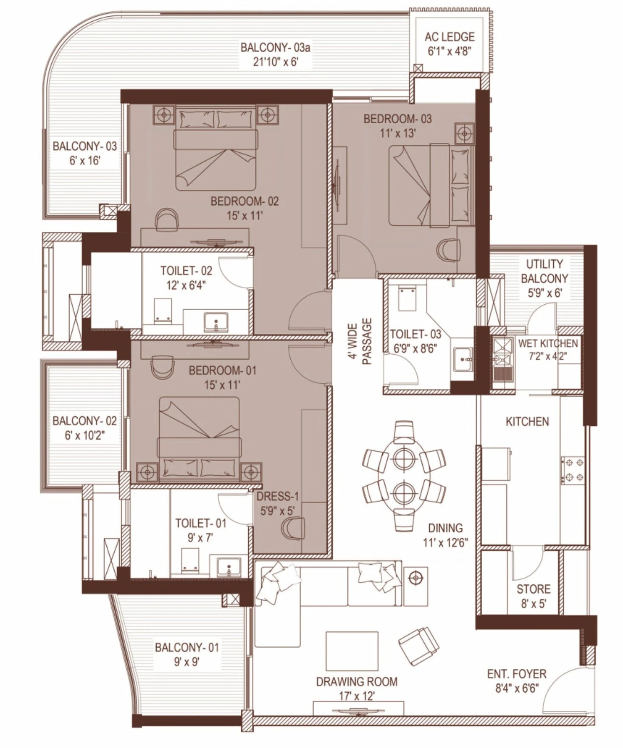 Floor plan of the 3 BHK apartment of 2770 sq ft super area in Towers 7 and 8, Highland Mayfields, Mohali