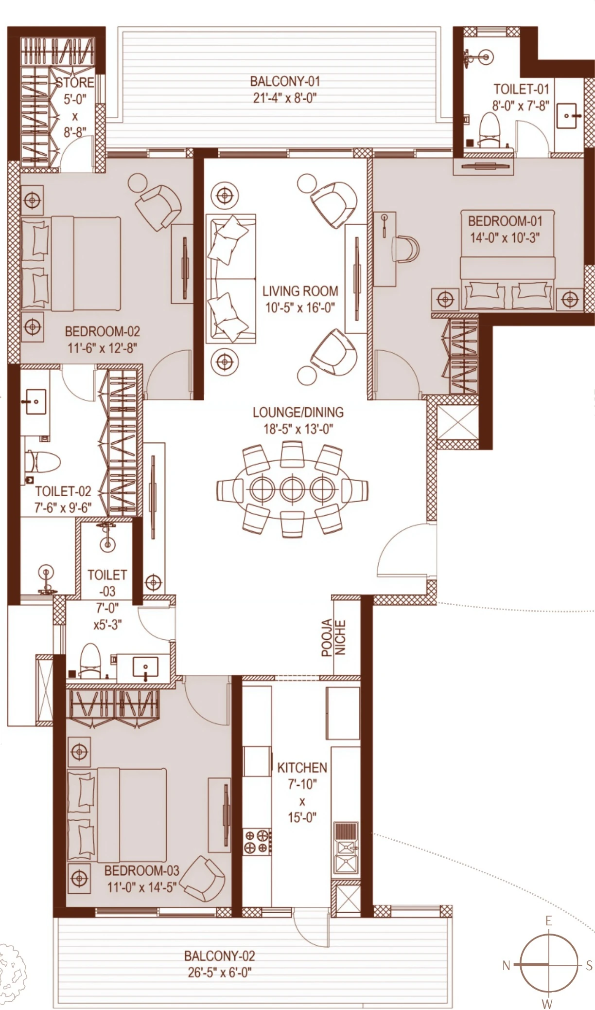 Floor plan of the 3 BHK apartment of 2890 sq ft super area in Tower 1, Highland Mayfields, Mohali
