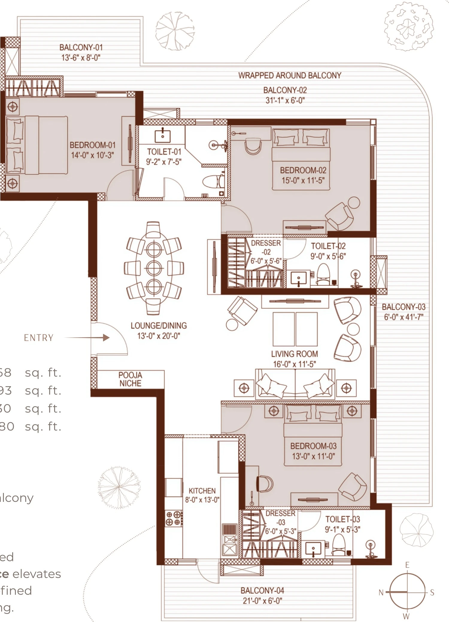 Floor plan of the 3 BHK apartment of 3280 sq ft super area in Tower 1, corner, Highland Mayfields, Mohali