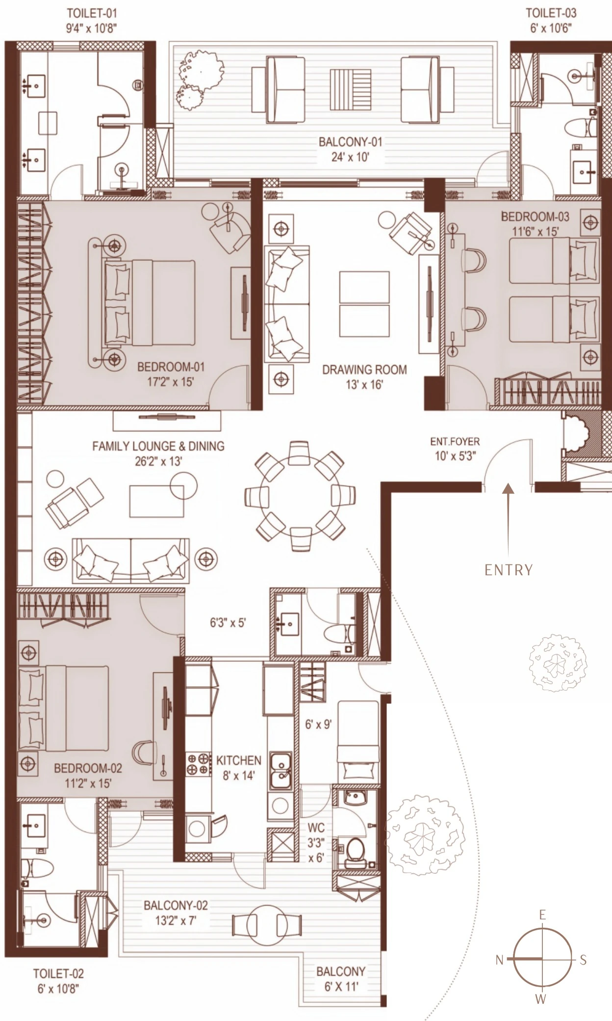 Floor plan of the 3 BHK + Servant Room apartment of 3675 sq ft super area in Tower 2, Highland Mayfields, Mohali