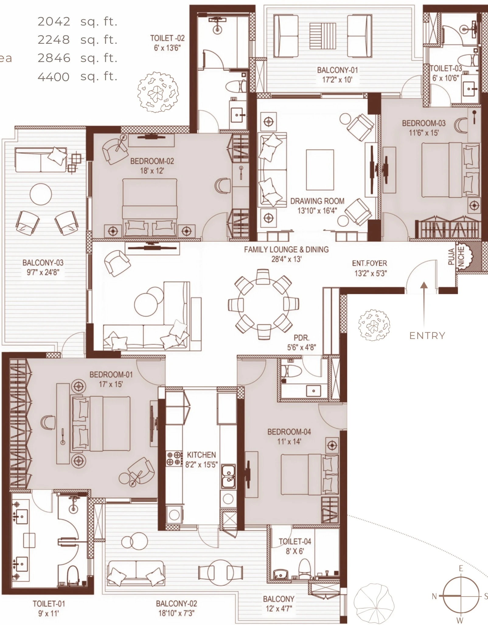 Floor plan of the 4 BHK apartment of 4400 sq ft super area in Tower 3, Highland Mayfields, Mohali