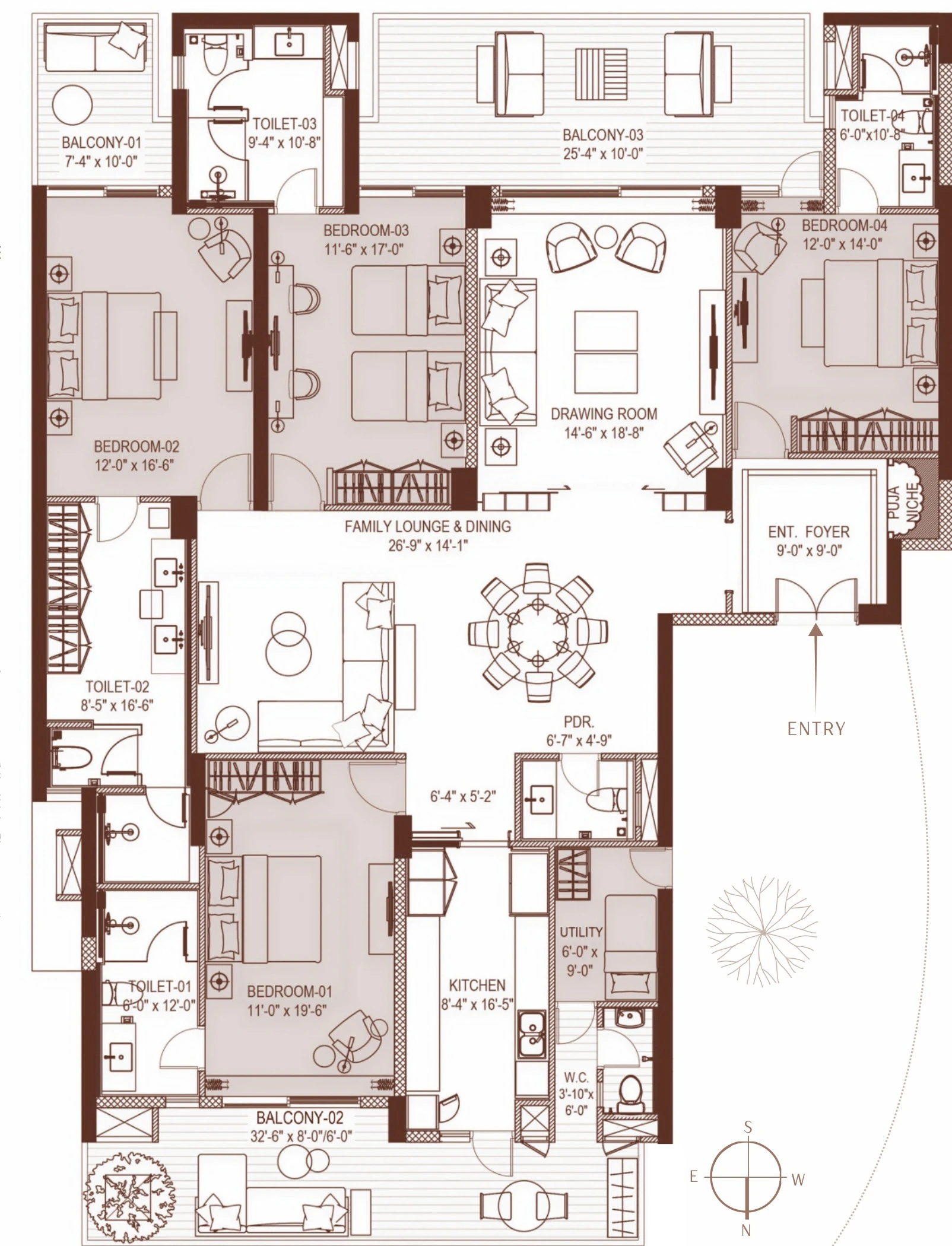 Floor plan of the 4 BHK + Servant Room apartment of 4750 sq ft super area in Tower 5, Highland Mayfields, Mohali