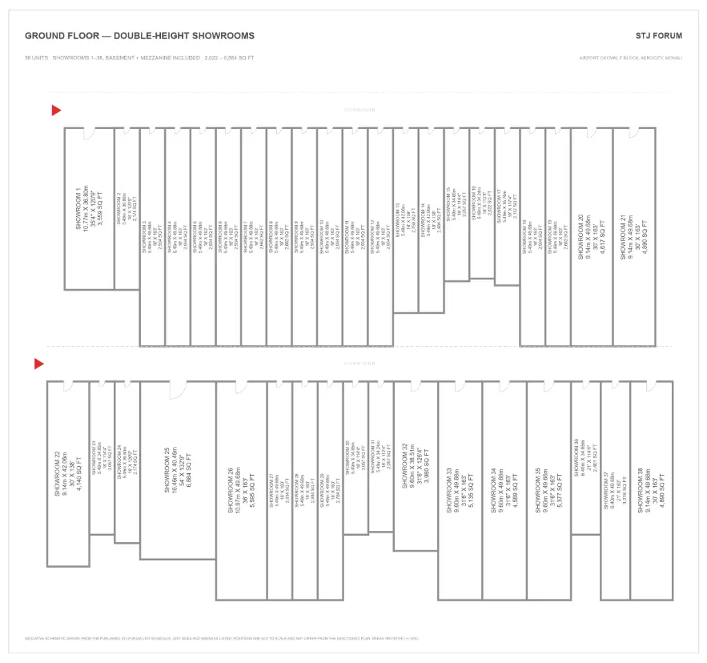 STJ Forum ground floor plan with 38 double-height showrooms from 2,022 to 6,884 sq ft, basement and mezzanine included