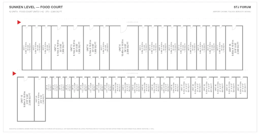 STJ Forum sunken level food court floor plan with 42 units from 375 to 2,900 sq ft