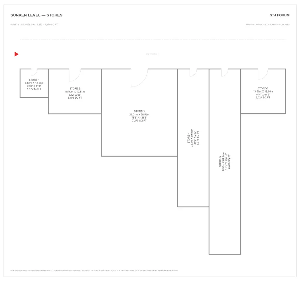 STJ Forum sunken level floor plan with 6 stores from 1,172 to 7,279 sq ft
