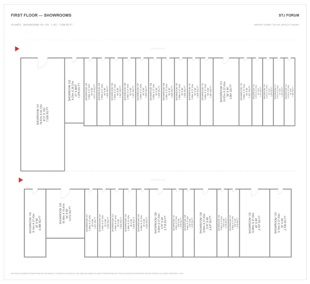 STJ Forum first floor plan with 33 showrooms, units 101 to 133, from 1,151 to 7,028 sq ft