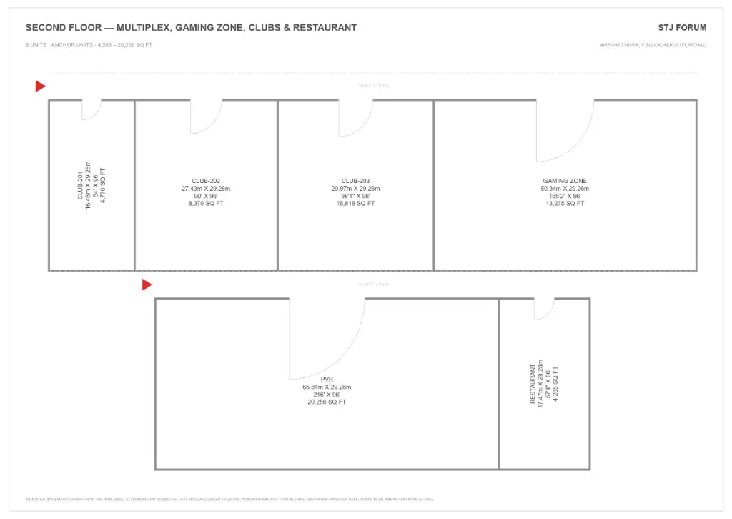 STJ Forum second floor plan with multiplex, gaming zone, three clubs and a restaurant, from 4,285 to 20,256 sq ft