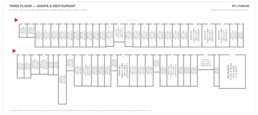 STJ Forum third floor plan with 53 shops, units 301 to 353, and a restaurant, from 598 to 2,282 sq ft carpet area