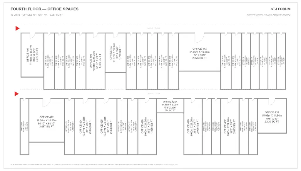 STJ Forum fourth floor plan with 36 office spaces, units 401 to 435, from 774 to 3,087 sq ft