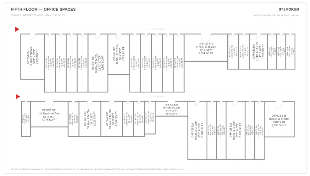 STJ Forum fifth floor plan with 35 office spaces, units 501 to 535, from 653 to 2,130 sq ft