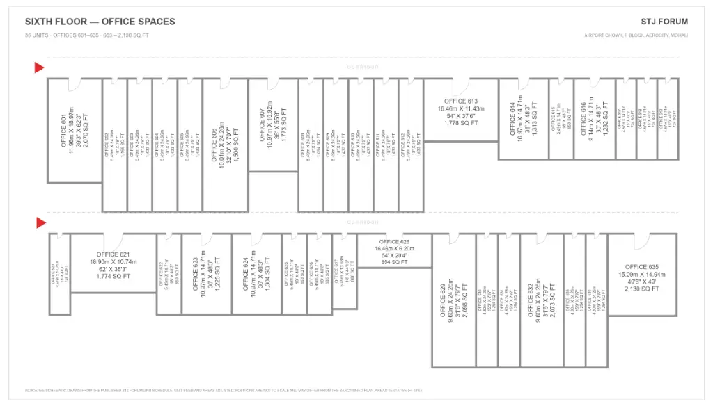 STJ Forum sixth floor plan with 35 office spaces, units 601 to 635, from 653 to 2,130 sq ft