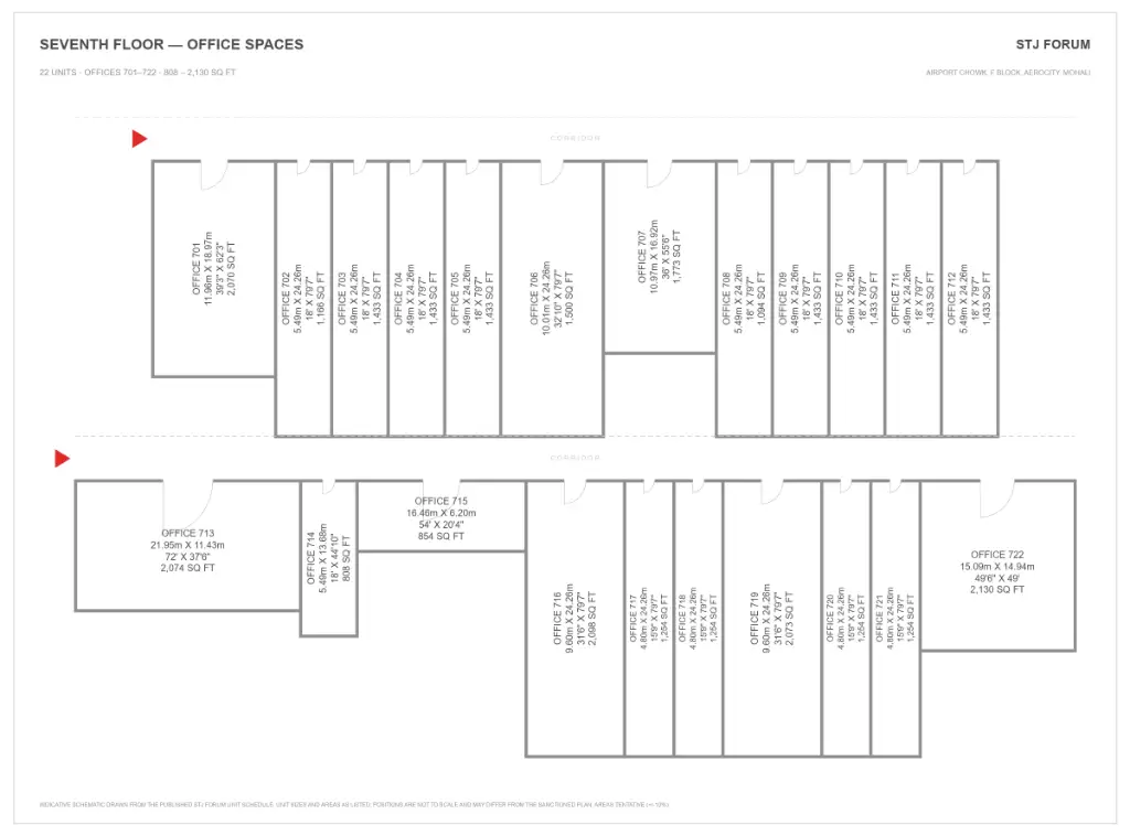 STJ Forum seventh floor plan with 22 office spaces, units 701 to 722, from 808 to 2,130 sq ft